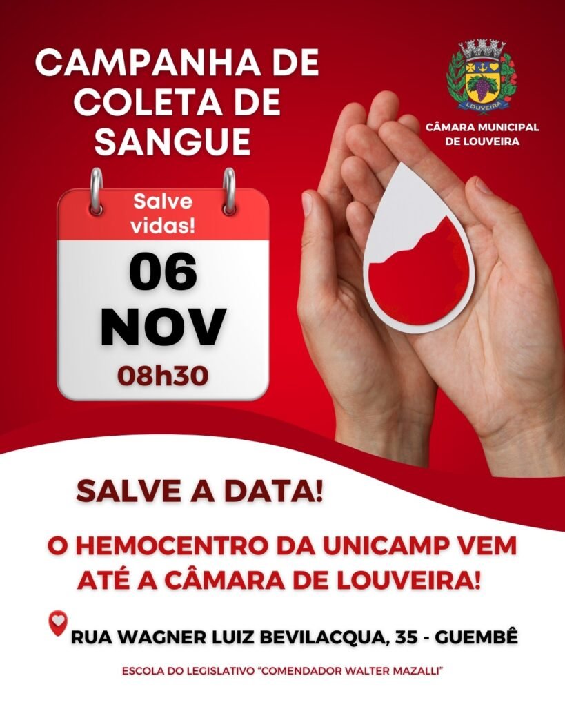Hemocentro da Unicamp faz Campanha de Coleta de Sangue em Louveira no dia 6 de novembro