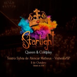 No dia 11 de outubro, às 20h, o Teatro Municipal Sylvia de Alencar Matheus, em Vinhedo, recebe o espetáculo “Starlight Concert - Queen & Coldplay”, uma produção da Teatro GT que promete transformar clássicos do rock em uma experiência musical inédita e emocionante. O projeto Starlight Concerts, conhecido por transformar clássicos da música em experiências imersivas, chega à cidade com uma edição especial que promete emocionar os fãs de rock. O concerto revisita os sucessos de Queen e Coldplay. No repertório, as canções ganham arranjos únicos, reinterpretados por um quarteto de músicos, integrantes de renomadas orquestras do Estado de São Paulo. Mais do que um show, o Starlight Concert é uma experiência sensorial. O teatro é transformado em um cenário intimista, iluminado por velas e efeitos especiais que transmitem a atmosfera de um céu estrelado. Essa ambientação, somada à música ao vivo, cria uma viagem emocional capaz de envolver todos os sentidos do público.