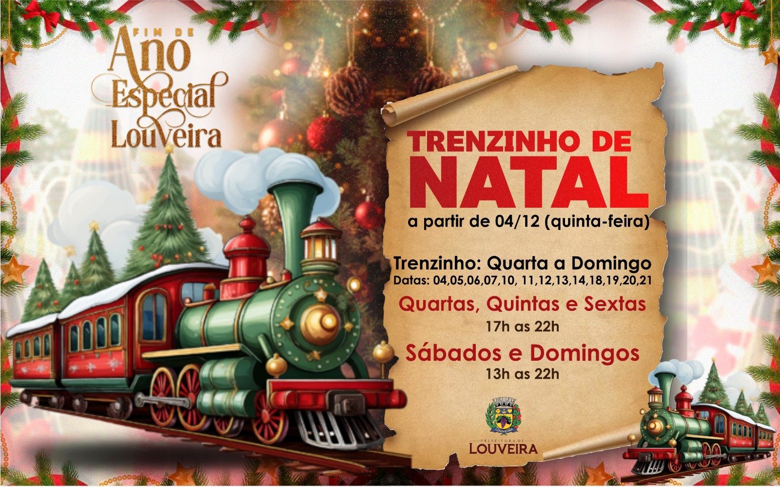 Passeios de Trenzinho de Natal começam nesta quinta-feira em Louveira